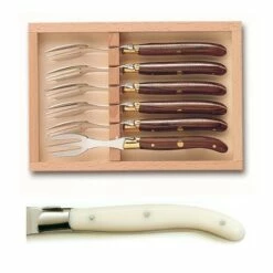 Coffret Hêtre 6 Fourchettes à Gâteaux Mitre Inox Manche Nacrine Ivoirine