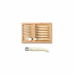 Coffret Hêtre 6 Fourchettes à Dessert Laguiole Mitre Inox Manche Ivoirine